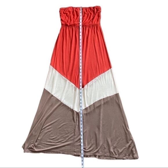 Love Culture Orange & Tan Chevron Color Block Strapless Maxi Summer Dress Medium - Picture 9 of 10